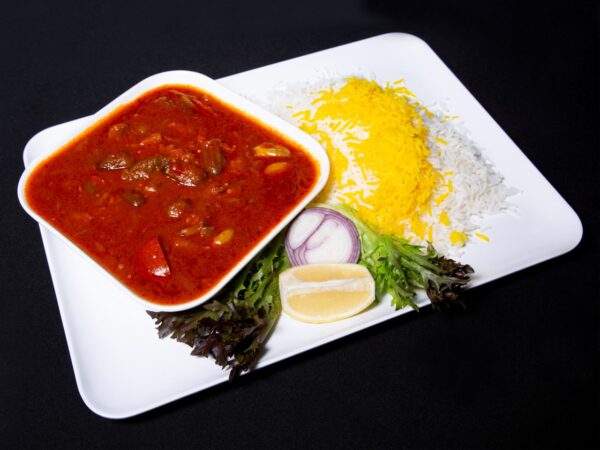 خورشت بامیه و قارچ با برنج زعفرانی Okra & Mushroom stew with Saffron Rice