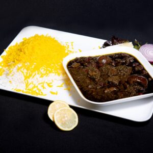 خورشت قورمه سبزی با برنج زعفرانی Fresh Herbs & Beef Stew with Saffron Rice