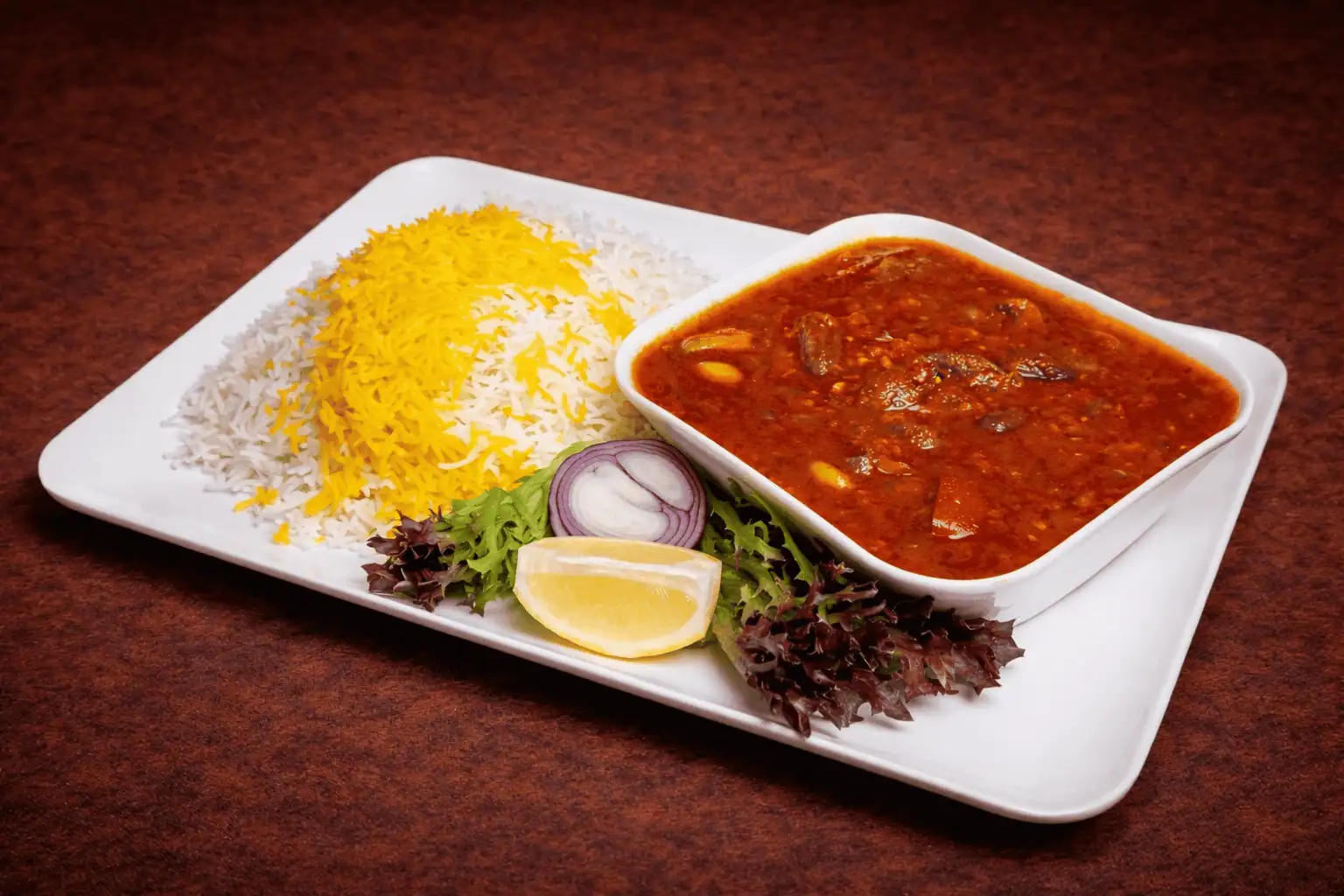 خورشت بامیه و قارچ با برنج زعفرانی Okra & Mushroom stew with Saffron Rice