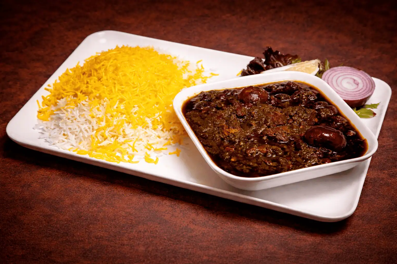 خورشت قورمه سبزی با برنج زعفرانی Fresh Herbs & Beef Stew with Saffron Rice