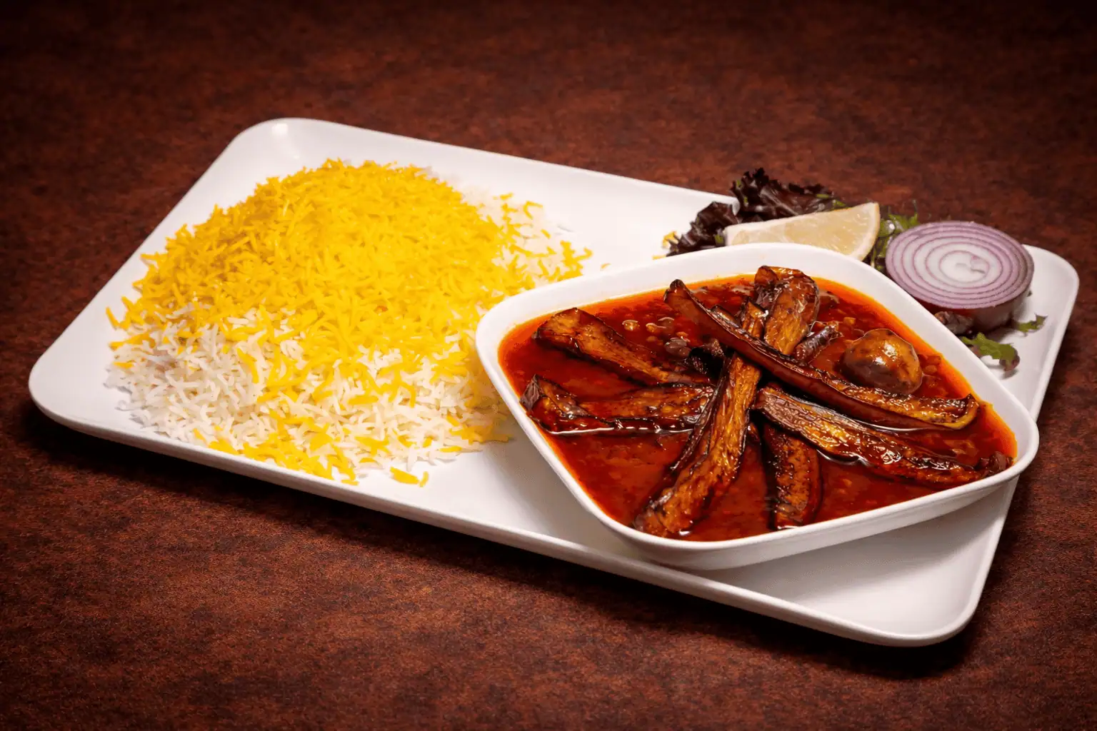 خورشت قیمه بادمجان با برنج زعفرانی Eggplant Beef Stew with Saffron Rice