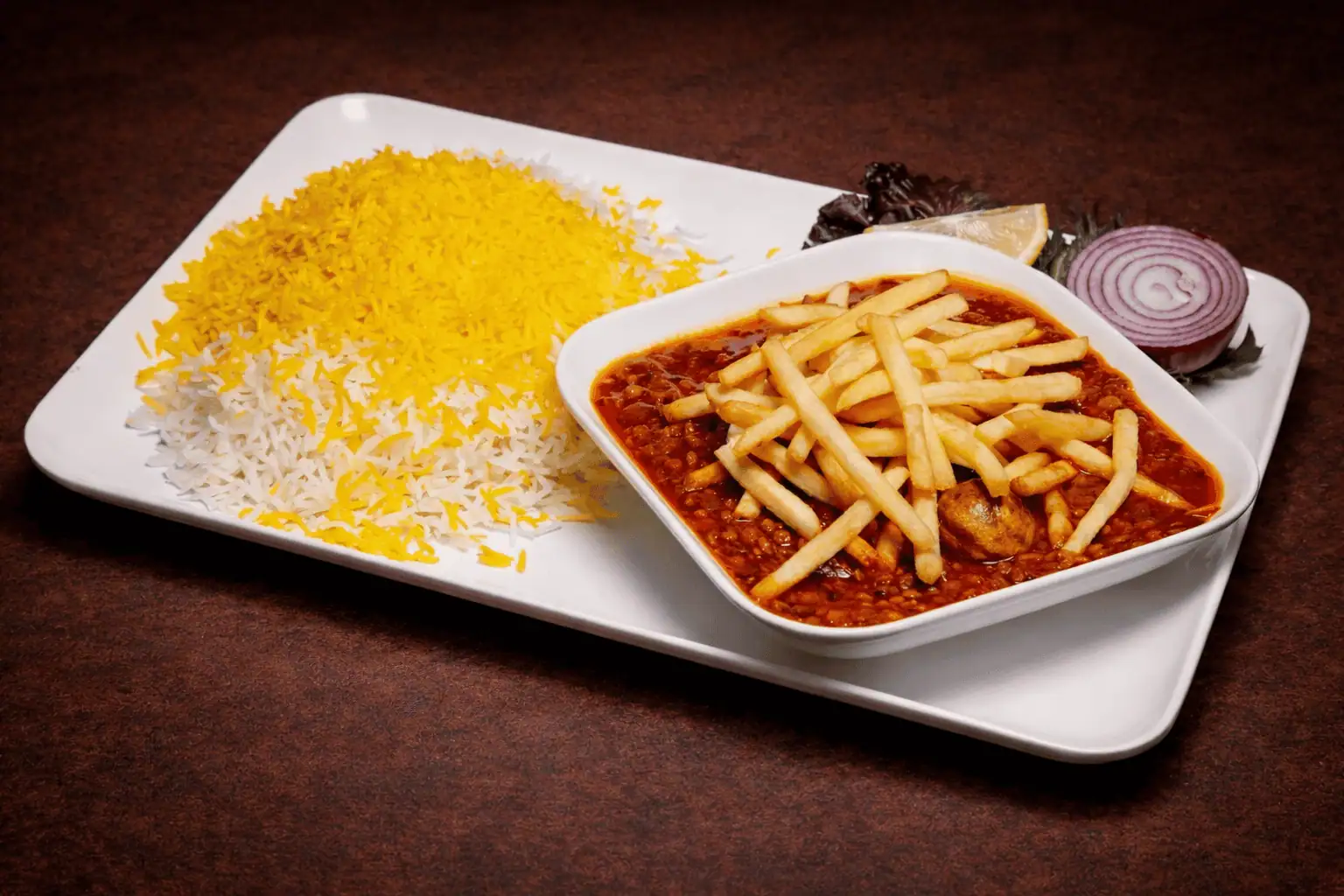 خورشت قیمه سیب زمینی با برنج زعفرانی Potato & Beef Stew with Saffron Rice